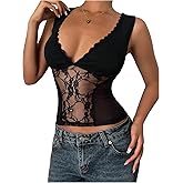 Floerns Women's Y2K Lace Sheer Tops Contrast Sleeveless Fitted Going Out Tank Tops