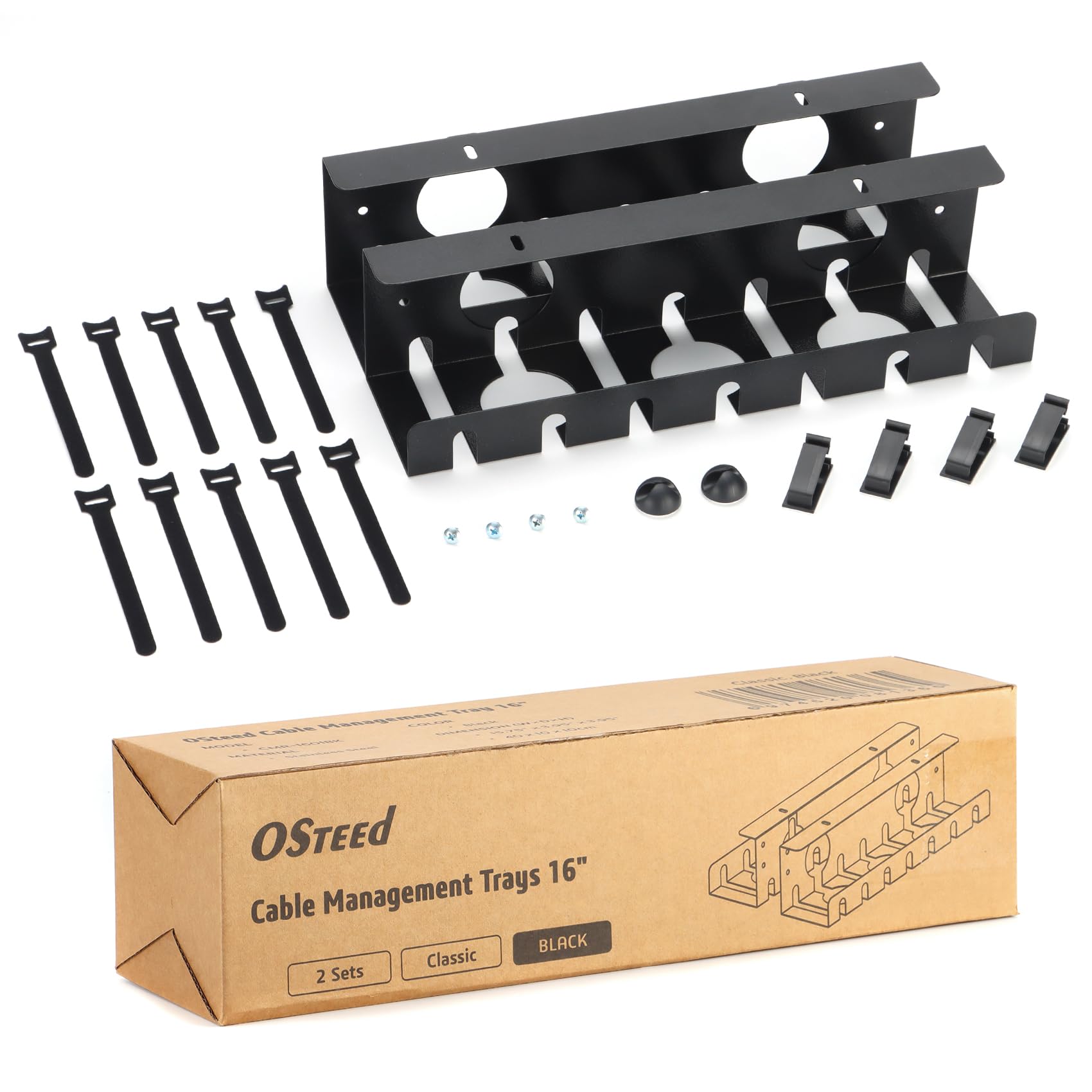 OSteed Under Desk Cable Tray - 2 Pack Black Cable Management Organiser, Under Table Wire Box for Standing & Office Desk Tidy