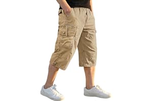 EKLENTSON Men's Shorts Capri Elastic Long Cargo Shorts Below Knee Cotton Casual Shorts 3/4 Baggy Shorts with Multi-Pocket