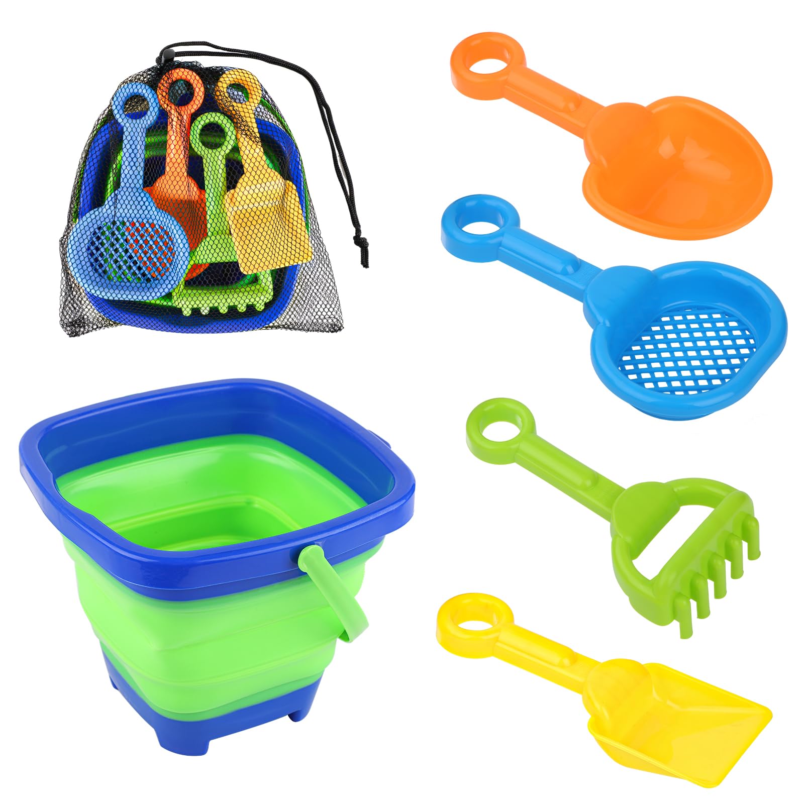 NQEUEPN 6pcs Beach Toys Set, Collapsible Bucket with 4 Shovels Sand Toys & Mesh Bag Foldable Portable Travel Beach Bucket Sand Toys for Kids Boys Girls Fun Summer Beach Party Activities (Blue)