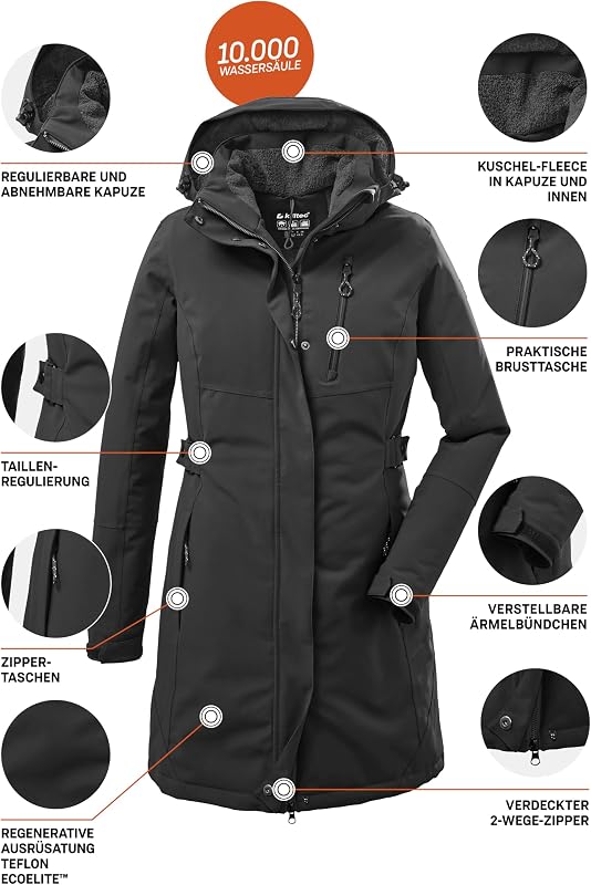 Parka funcional feminino com capuz com fecho - KOW 165 WMN PRK, Preto, Tamanho 38