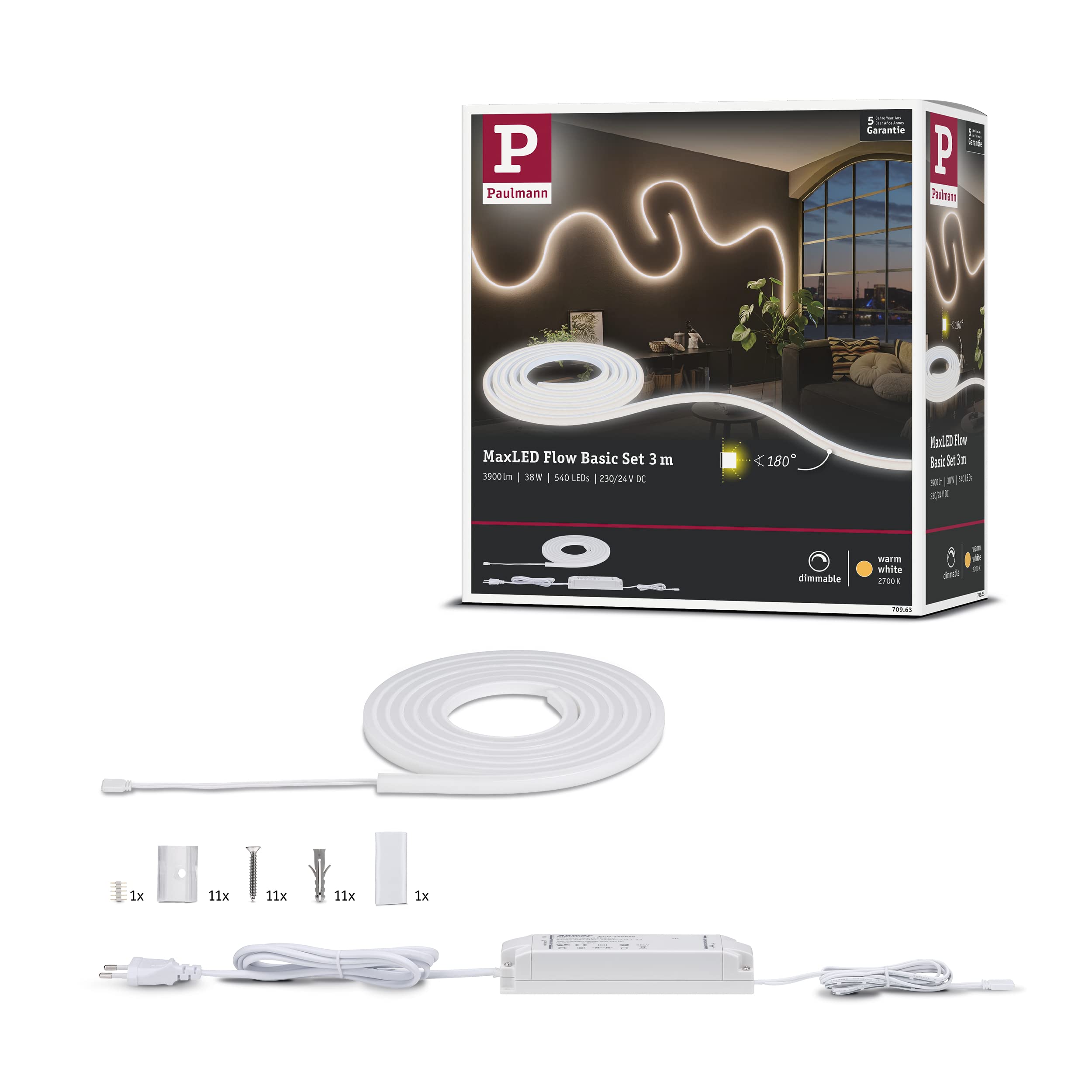 Paulmann 70963 MaxLED Flow Strip 37 watts LED Strip Basic Set dimmable 3m White Plastic 2700 K Warm White