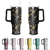 40oz Sunflower Tumbler with Handle and Straw, Shiny Stainless Steel Insulated Cup with Lid and Straw, Travel Coffee Mug Water Bottle, Birthday Mothers Day Gifts for Women Men Flowers Lovers