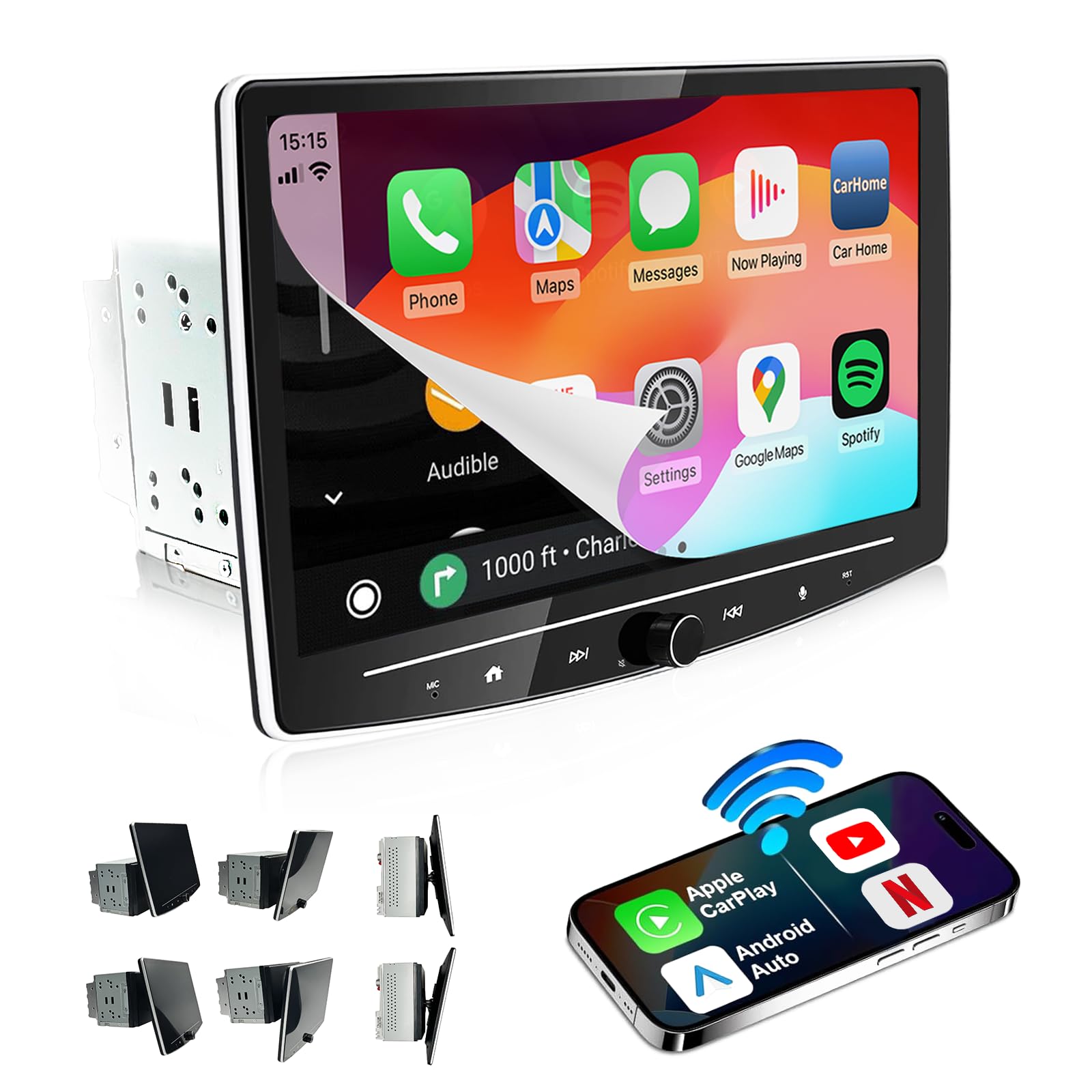 Photo 1 of 10 inch Double Din Car Stereo Wireless Apple CarPlay & Android Auto, QLED Floating Touchscreen Radio with YouTube, Netflix, TikTok, Bluetooth Navigation, 240W Powerful Sound, 32GB Storage
