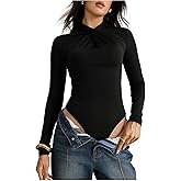 OYOANGLE Women's Long Sleeve Mock Neck Bodysuits Twist Front Ruched Work Dressy Bodysuit Tops