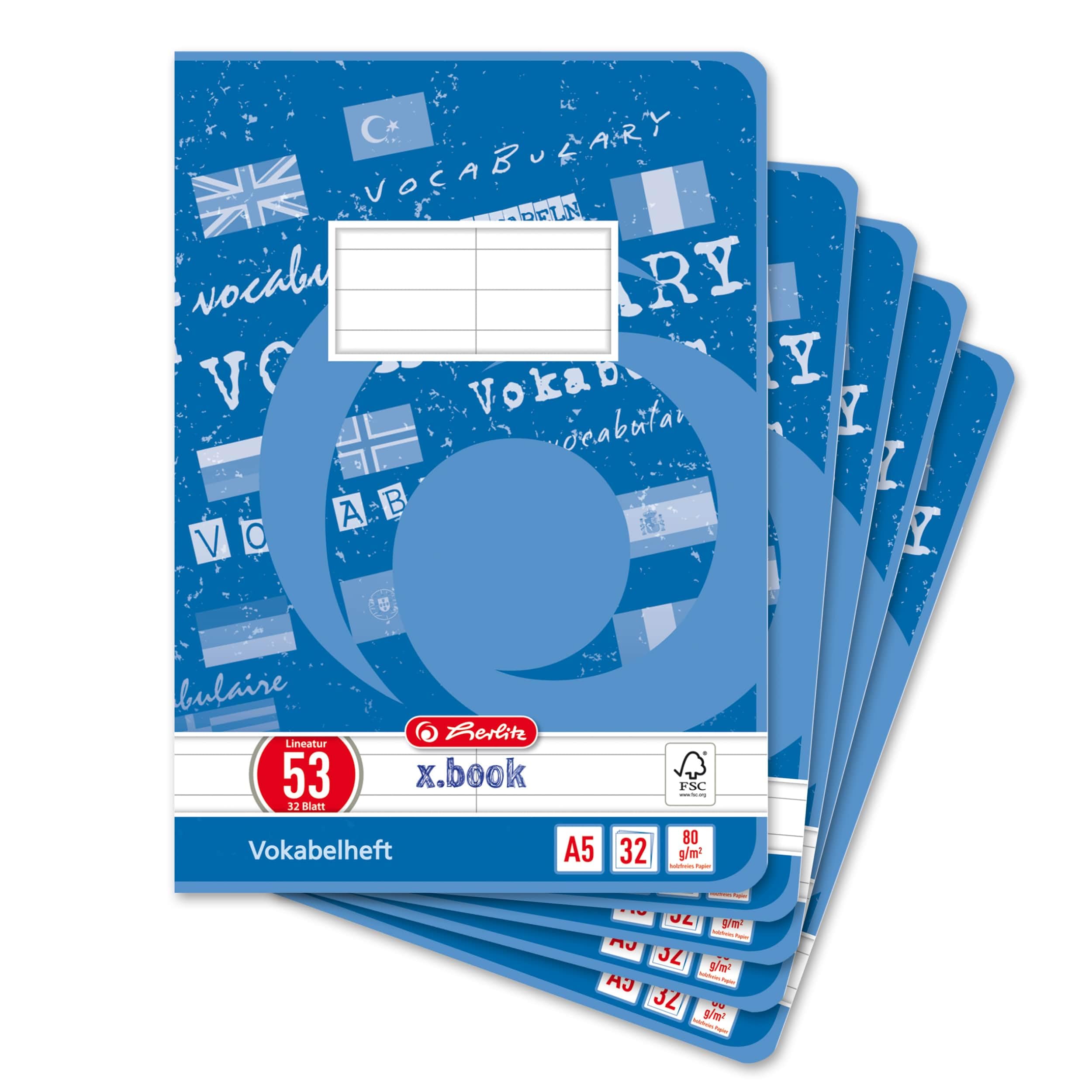 Herlitz Vocabulary Book A6 60 Sheets FSC Mix A5, 32 Sheets, Ruling 53 32 Blatt