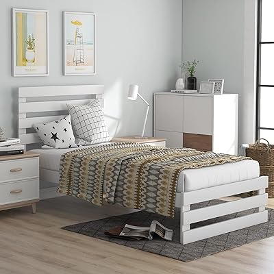 Buy Temicle White Twin Bed Frame With Headboard And Footboard Solid Wood Platform Bed With 8 Wooden Slats Horizontal Strip Hollow Shape Bed Frame No Box Spring Needed Easy To Assemble Online
