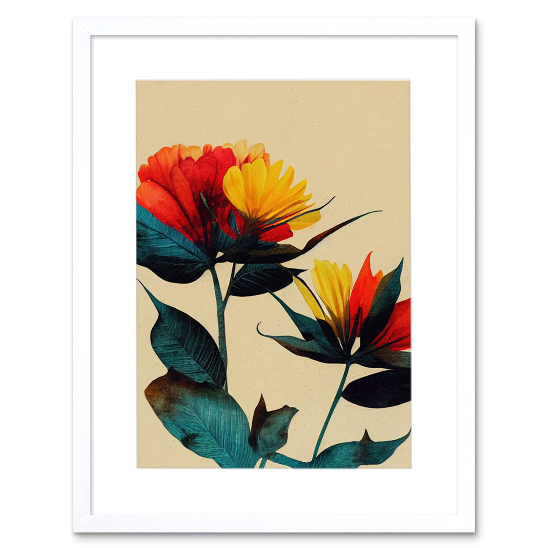 Wee Blue Coo Botanical Bold Flowering Yellow Red Teal Artwork Framed Wall Art Print 12X16 Inch
