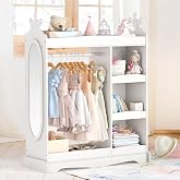 Curipeer Kids Dress up Storage with Mirror, Kids Wardrobe with 3 Hooks, Kids Closet for Girls Boys, Open Hanging Armoire Costume Organizer for Bedroom, Preschool, Classroom, White
