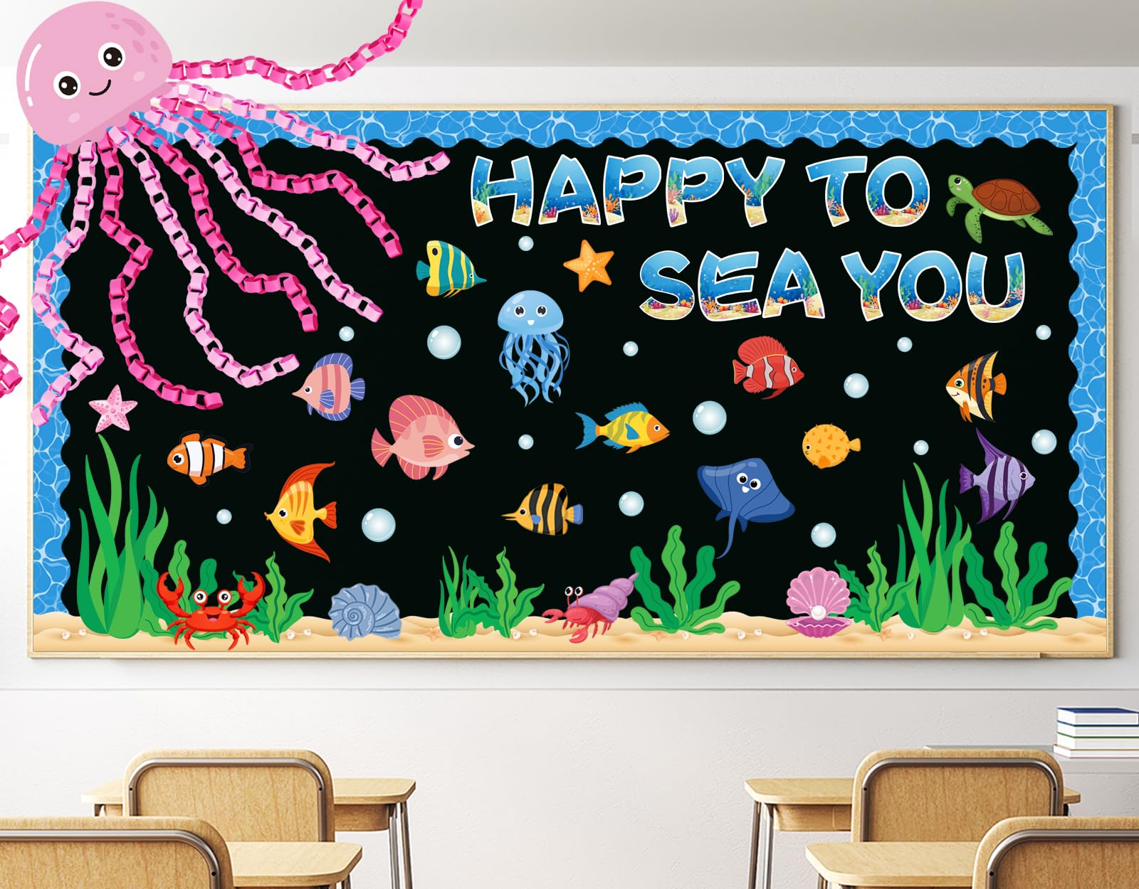 Photo 1 of COCHIE Ocean Bulletin Board Decorations Under the Sea Classroom Decorations Happy to Sea You Paper Wall Decor Summer Ocean Fish Cutouts for School Supplies Decor