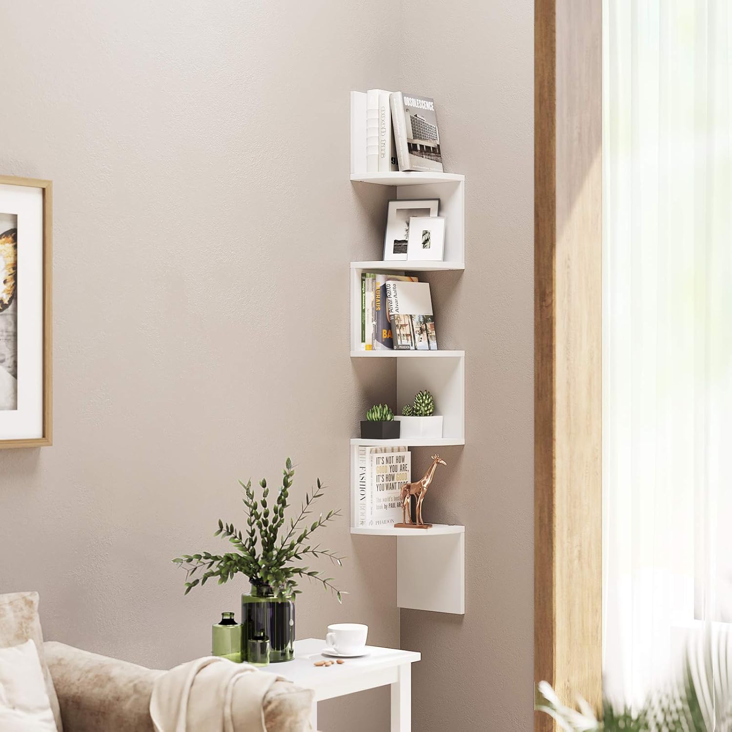 VASAGLE Corner Shelf, 5-Tier Floating Wall Shelf with Zigzag Design, Bookshelf, White ULBC72WT: Kitchen & Dining