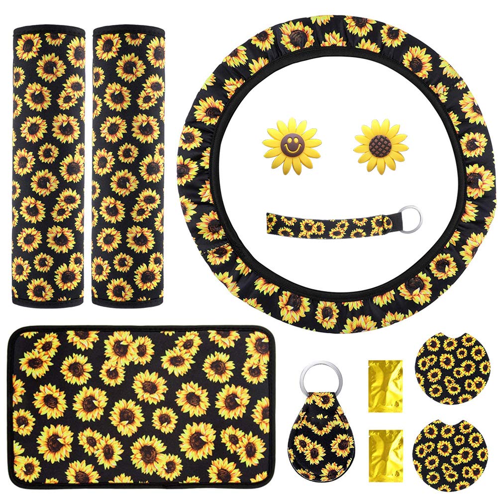 Surmounty Sunflower Car Accessories for Women with Universal Console Cover, Adjustable Steering Wheel Cover, Sunflowers Key Ring, Seat Belt Shoulder Pads, for Car Vent Decorations& Cup Coaster