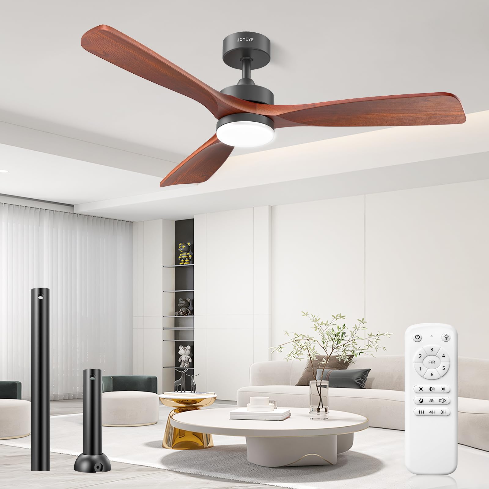 Photo 1 of *Untested*
JOYEYE 52" Ceiling Fan with Lights and Remote, Downrod Mount, Brushless DC Motor, Reversible, 3 Solid Wood Blades, 6-Speed, Quiet, Stepless Dimming, Indoor/Outdoor for Bedroom Living Room