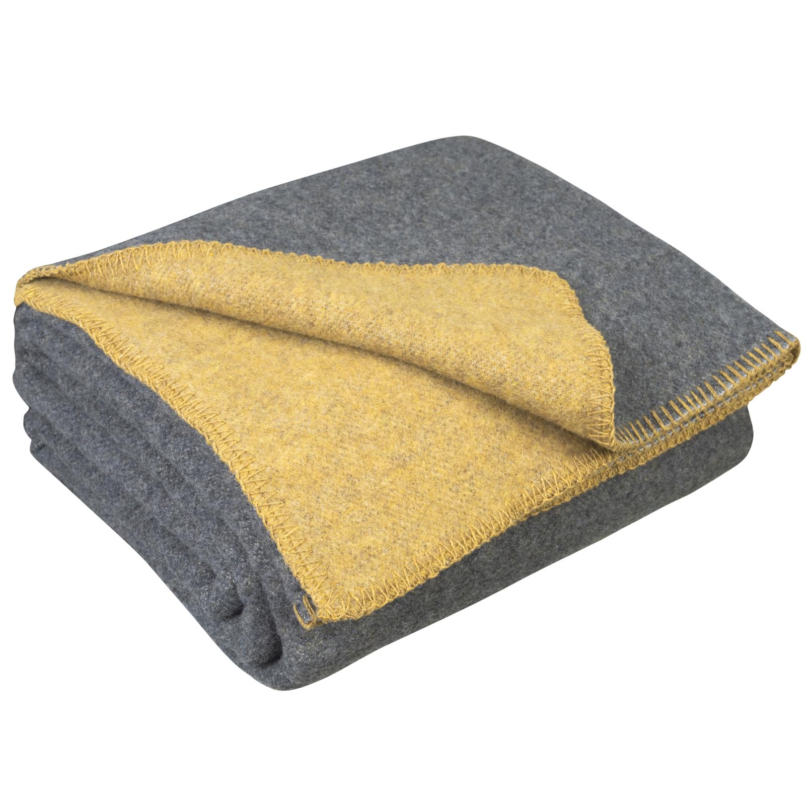 LYHome Wool Blanket - Merino Natural Throw, Soft Woolen Cover for Sofas & Beds. Army Blankets for Outdoor: Picnic, Travel and Camping (51x67 in | 130x170 cm | Mustard - Gray | Double-sided)