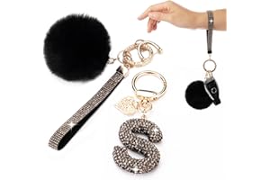 HONYJOOM Initial Letter Keychain for Women Girl Bling Rhinestone Sparkly Bag Backpack Purse Charm Cute Pom Pom Key Chain Wristlet