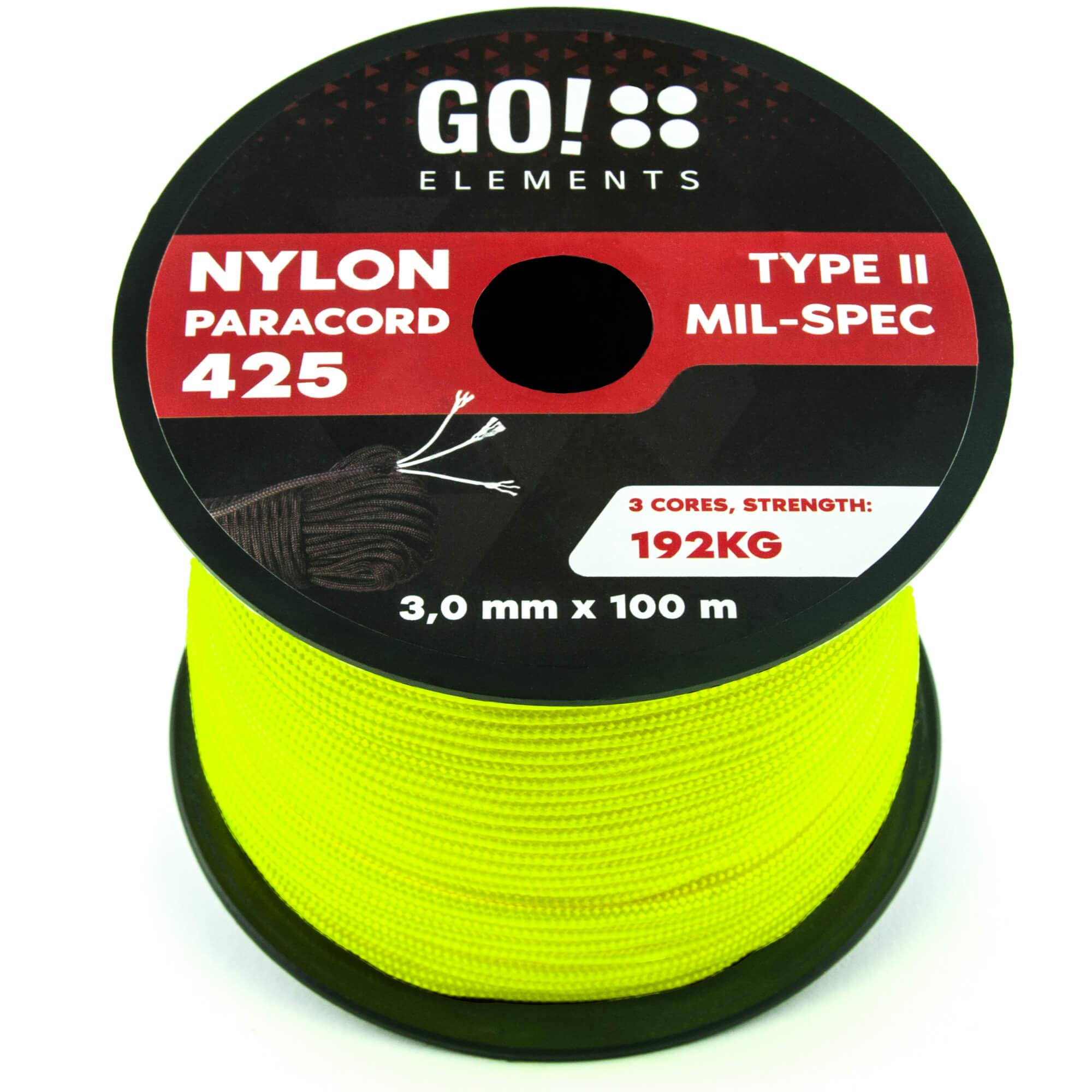 GO!elements 100m Paracord rope made of tearproof nylon - 3mm Paracord 425 type II lines as outdoor rope, all-purpose rope, survival rope, bracelet, dog leash - nylon line max. 192kg, Color:Neon