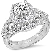 Dazzlingrock Collection 1.15 Ctw 14K Real Solid Gold Round White Natural Diamond Women Bridal Vintage Style Halo Engagement Ring Band Set