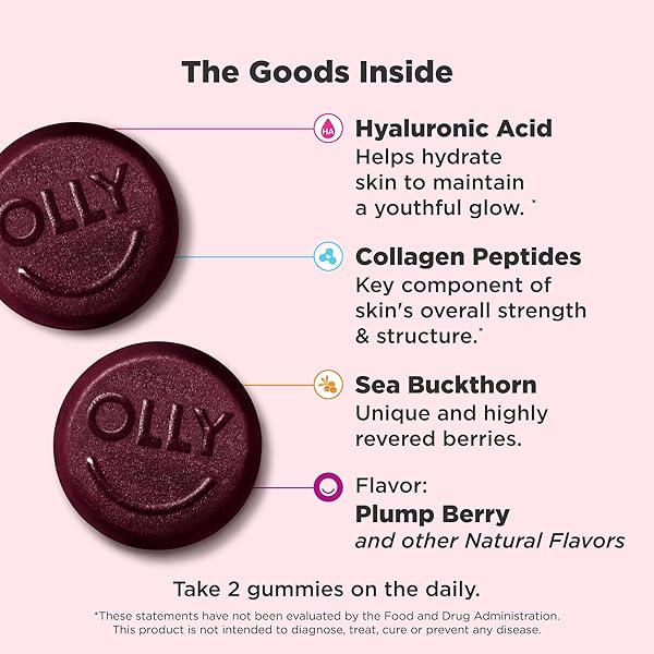 OLLY GLOWING SKIN COLLAGEN GUMMY, HYDRATED, YOUTHFUL SKIN, HYALURONIC ACID, SEA BUCKTHORN, CHEWABLE SUPPLEMENT, BERRY, 25 DAY SUPPLY – 50 COUNT
