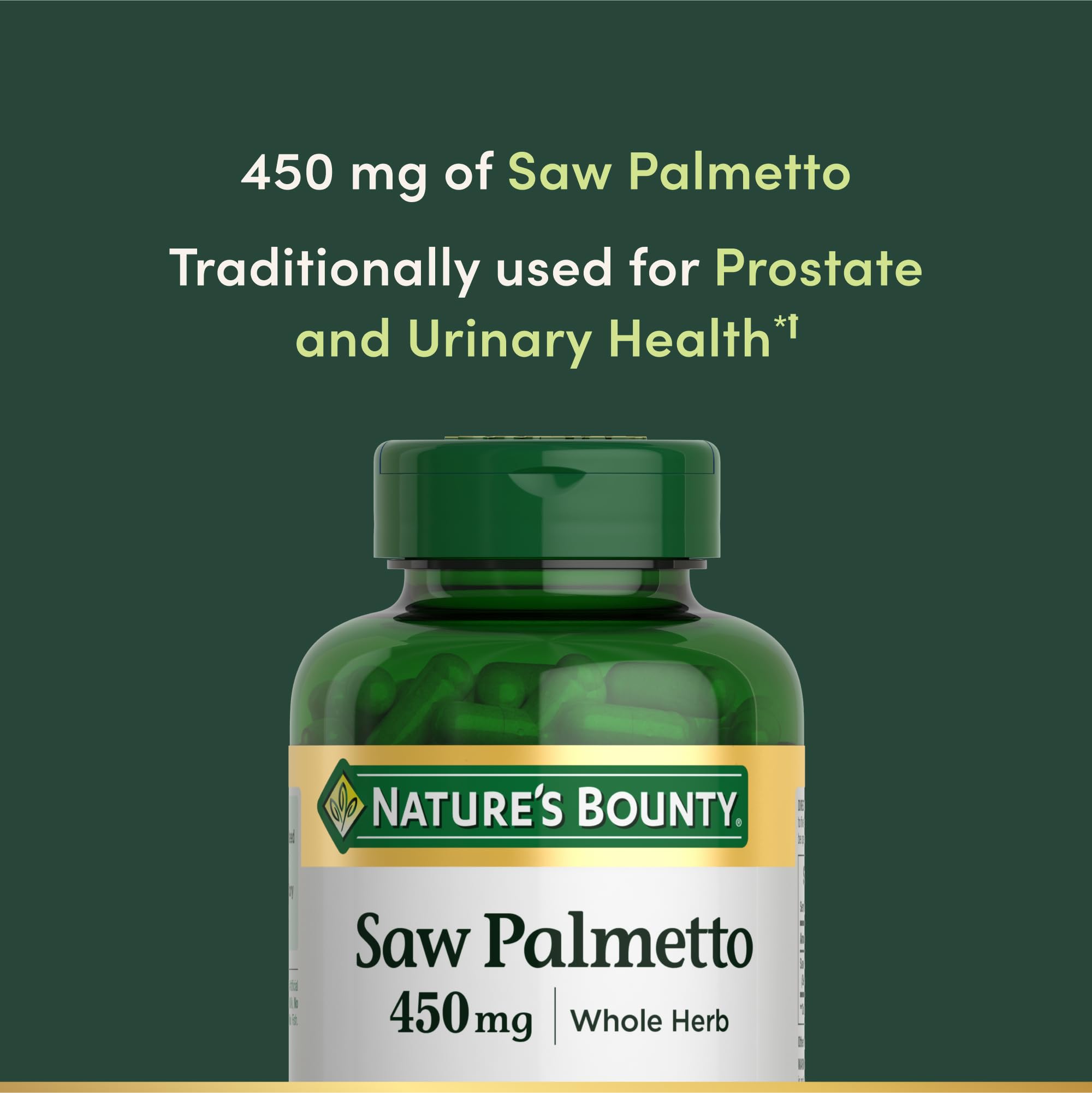 Nature's Bounty Saw Palmetto Support for Prostate and Urinary Health, Herbal Health Supplement, 450mg, 250 Capsules