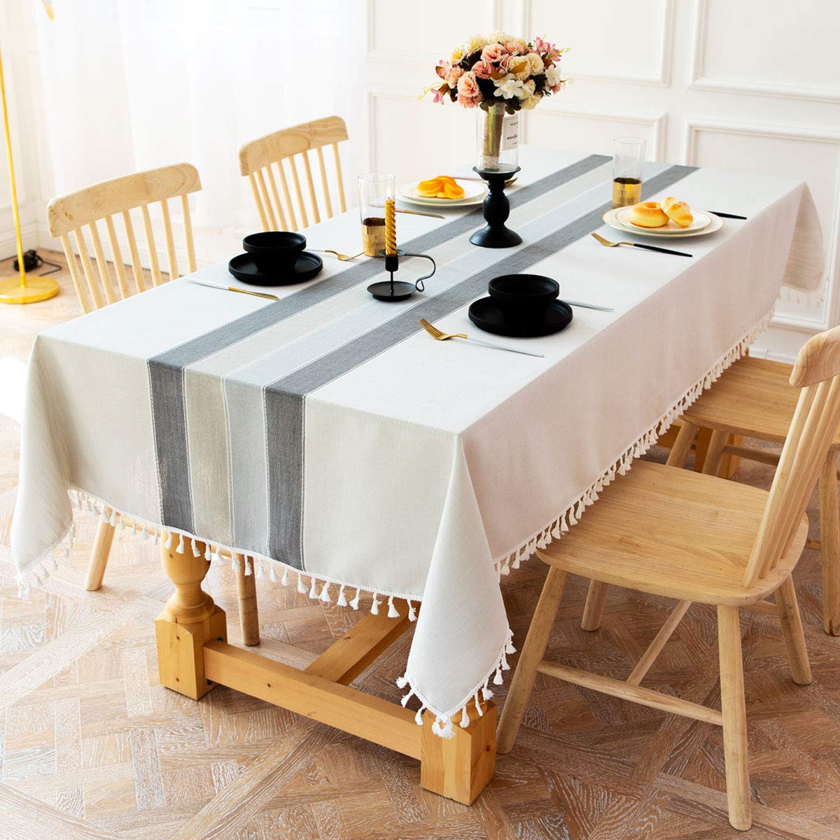 INKAROBOX Rectangular Cotton Linen Farmhouse Tablecloth Washable Anti-Fouling Tassels Design for Kitchen, Dining Room, Picnic, Outdoor, Garden (Grey Strip, 140 x 220 cm)
