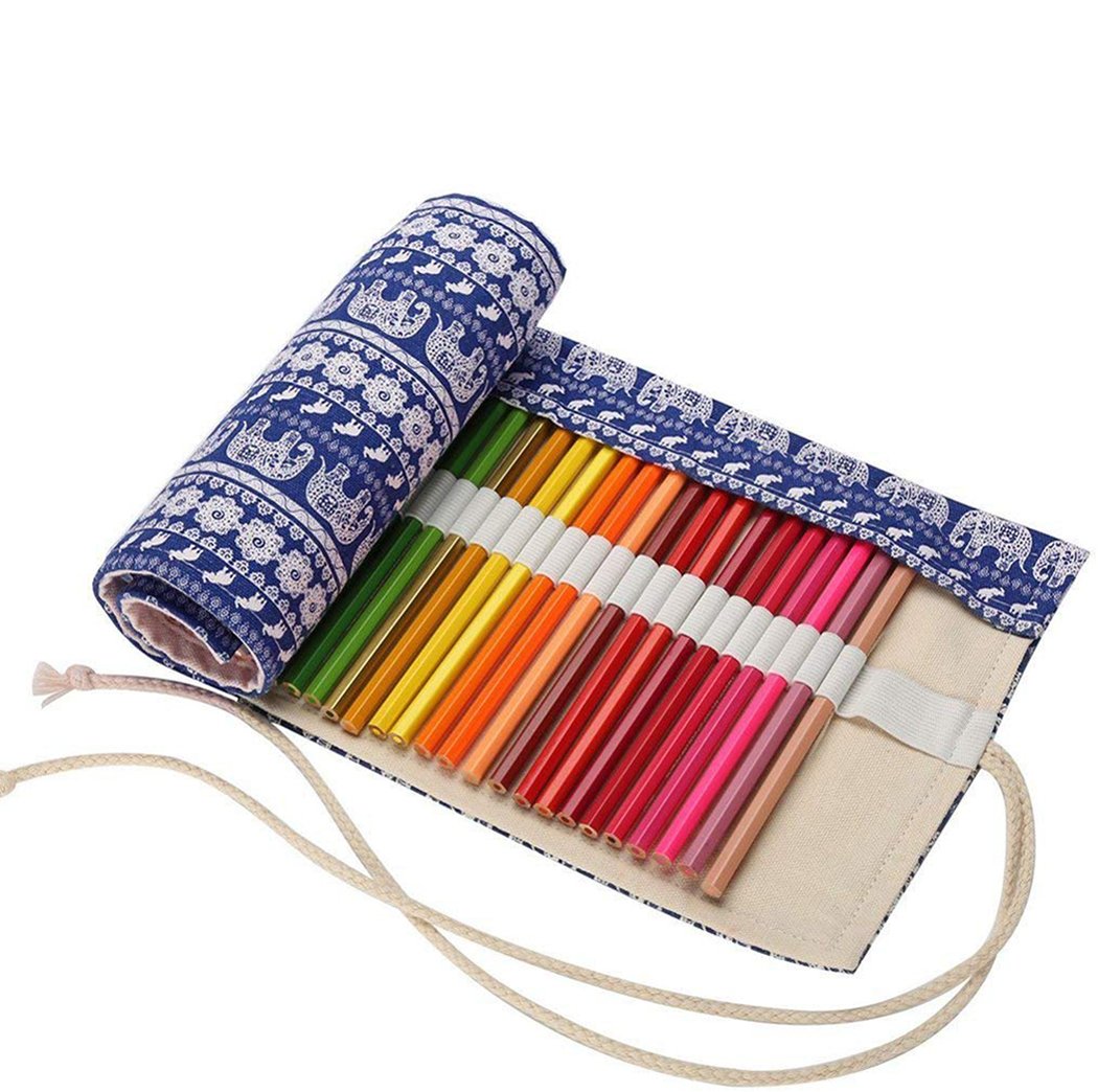 Amoyie Roll Up Pencil Case for 48 Coloured Pencils, Colouring Pens Organiser Bag, Canvas Artist Wrap, Blue Elephant