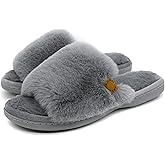 Onmygogo Indoor Slippers for Women Open Toe with Memory Foam, Soft Faux Fur Nonslip House Slippers