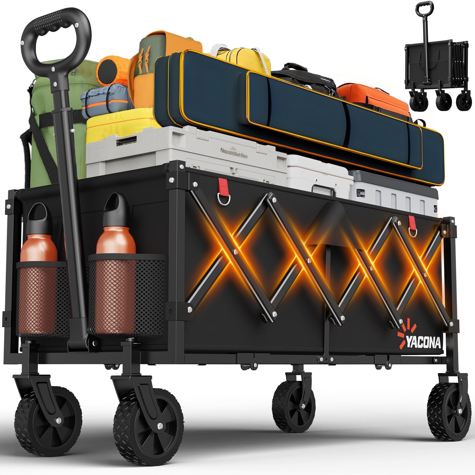 35" L Extra Long Wagons Carts Foldable, 360LBS Heavy Duty Collapsible Wagon with Wheels, Folding Wagon Portable Utility Cart for Groceries, Shopping, Camping, Sports Image