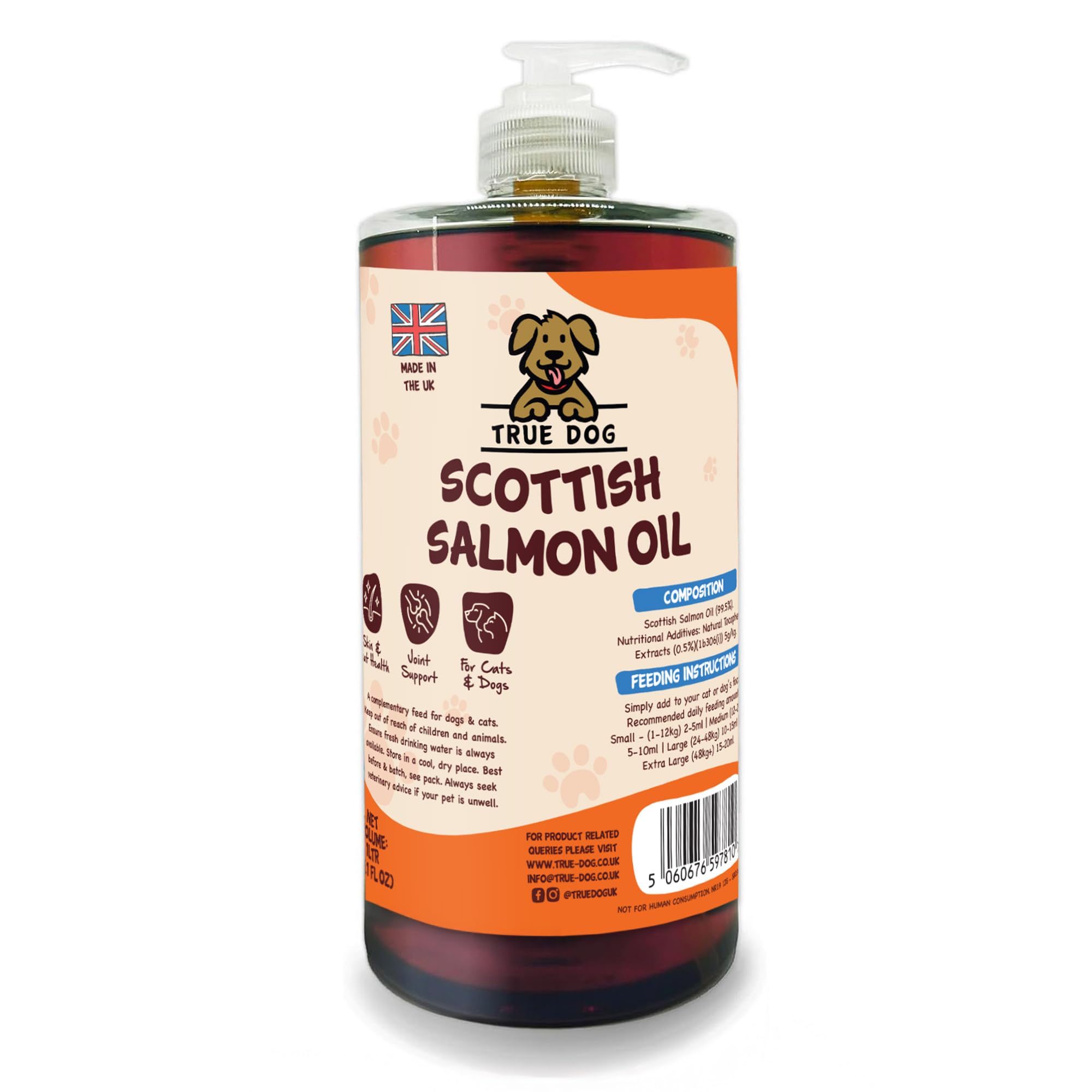 True Dog Scottish Salmon Oil for Dogs (1L) Omega 3 Fish Oil in Pump Dispenser for Healthy Coat, Joint Support and Immune System, Suitable for All Breeds and Sizes - Natural Pet Supplements