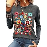 Flamingals Vintage Graphic Tees for Women Boho Wildflower Pattern Casual Crewneck Long Sleeve Women's Tops