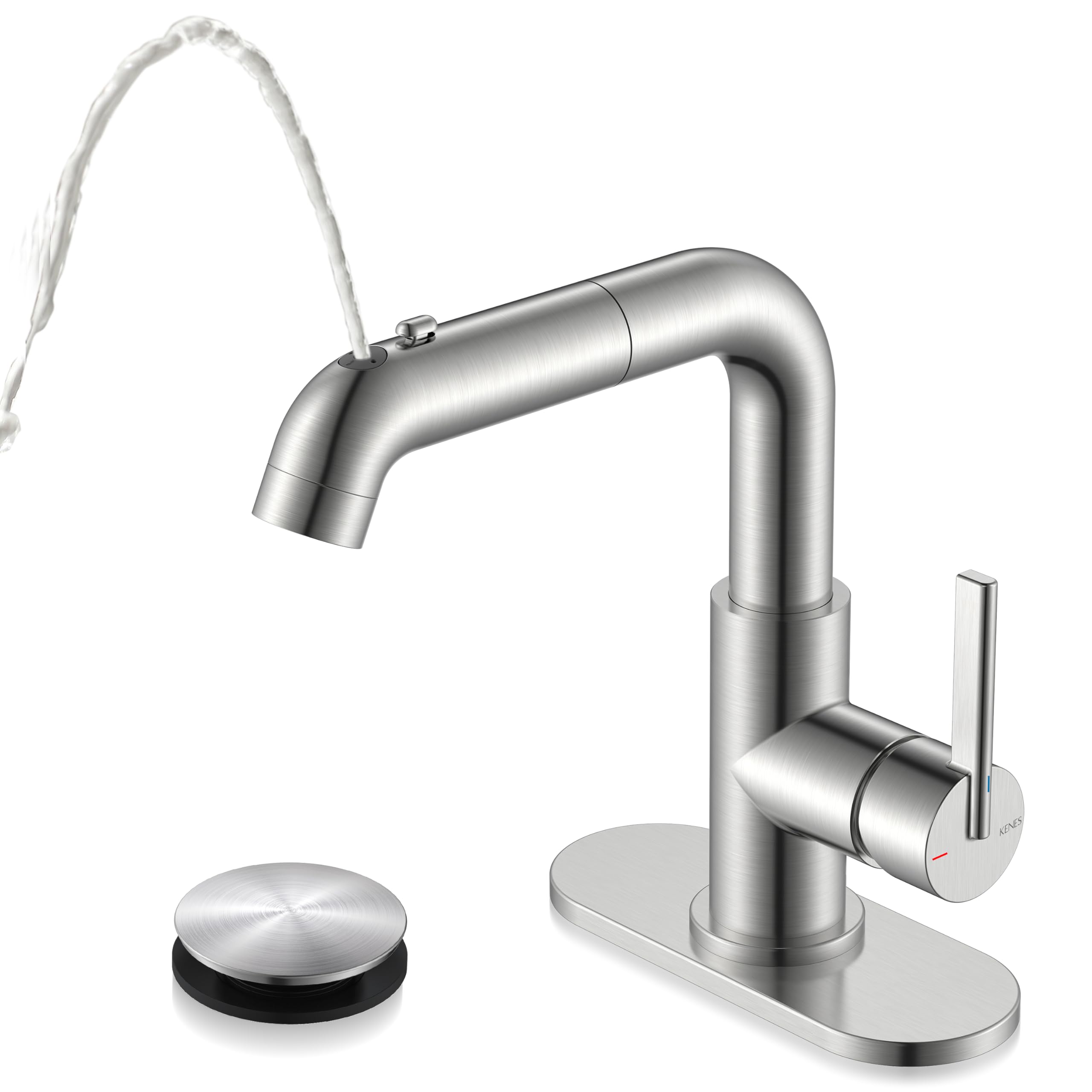 Photo 1 of KENES Single Hole Bathroom Faucet with Pull Out Sprayer, Brushed Nickel Single Handle Pull Down Bathroom Faucets, Vanity Faucet with Pop Up Drain & Deck Plate, LJ-9055A