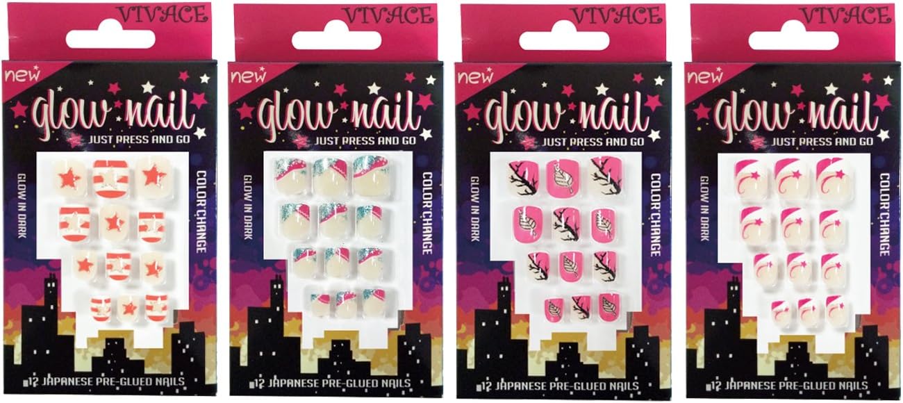 Vivace 4PACK 48Tips Color Changing Glow Nails, Artificial Preglued Sticker Nails for Kids (Glow Nail 1)