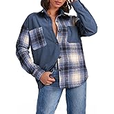 ANN CREEK Womens Color Block Corduroy Shacket Long Sleeve Plaid Button Up Shirt Blouse Top