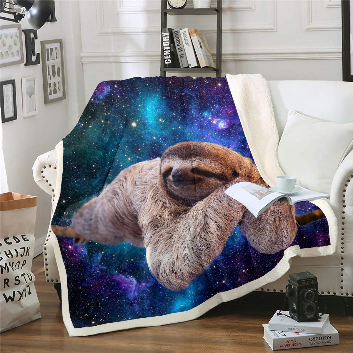 Cute Sloth Plush 3D Funny Animal Galaxy Fleece Blanket Chic Purple Blue Starry Sky Sherpa Throw for Bed Sofa Couch Outer Space Sleeping Sloth Fuzzy Blanket Room Decor Double 60"x79"