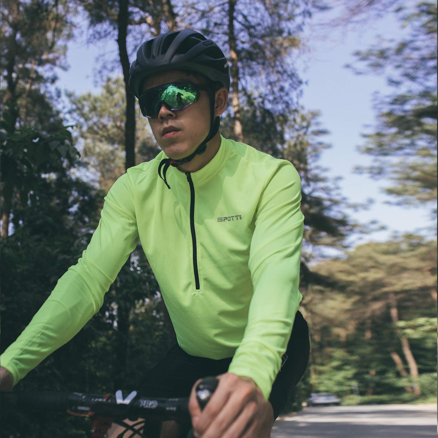 Spotti Men's Cycling Bike Jersey Long Sleeve with 3 Rear Pockets - Moisture Wicking, Breathable, Quick Dry Biking Shirt : Clothing