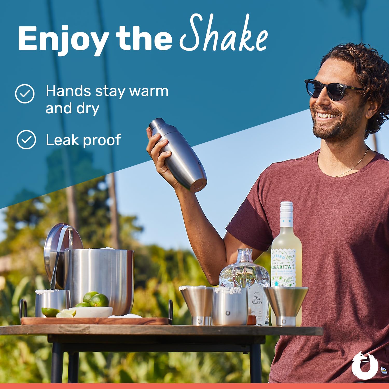 Snowfox Premium Vacuum Insulated Stainless Steel 22oz Cocktail Shaker and 4 Martini Glass Set, Home Bar Accessories, Elegant Drink Mixer, Leak Proof Lid & Built In Strainer, Gift Box, Black/Gold