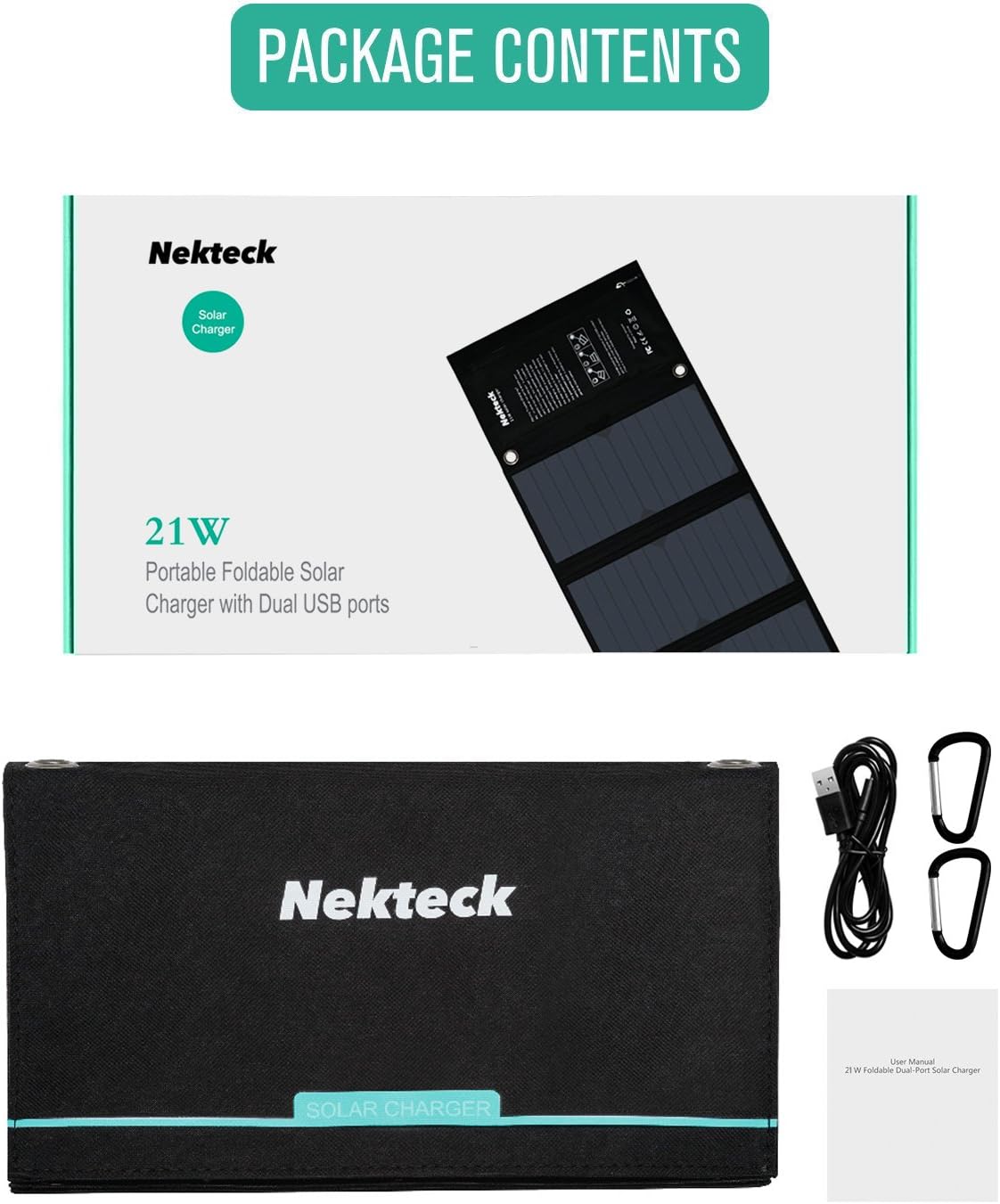 Nekteck 21W Portable Solar Panel Charger, Waterproof Camping Gear Solar Powered Charger with 2 USB Port for iPhone X/8 Plus, Samsung Galaxy s9/s8,iPad, Tablet and Any USB Devices
