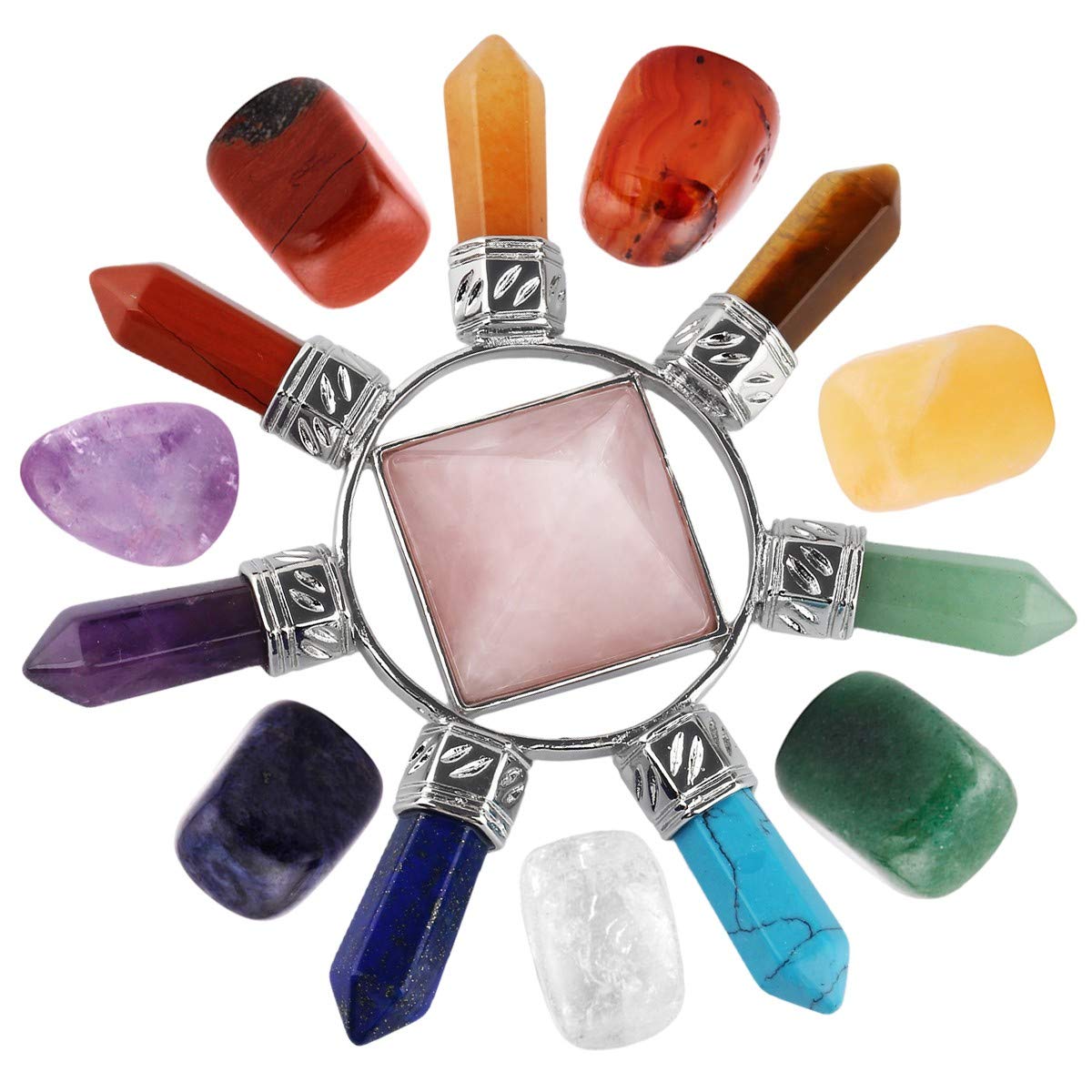 mookaitedecor 7 Chakra Crystals Set,Healing Crystal Polished Tumbled Worry Stones & Rose Quartz Pyramid Energy for Reiki Balancing Meditation Kit
