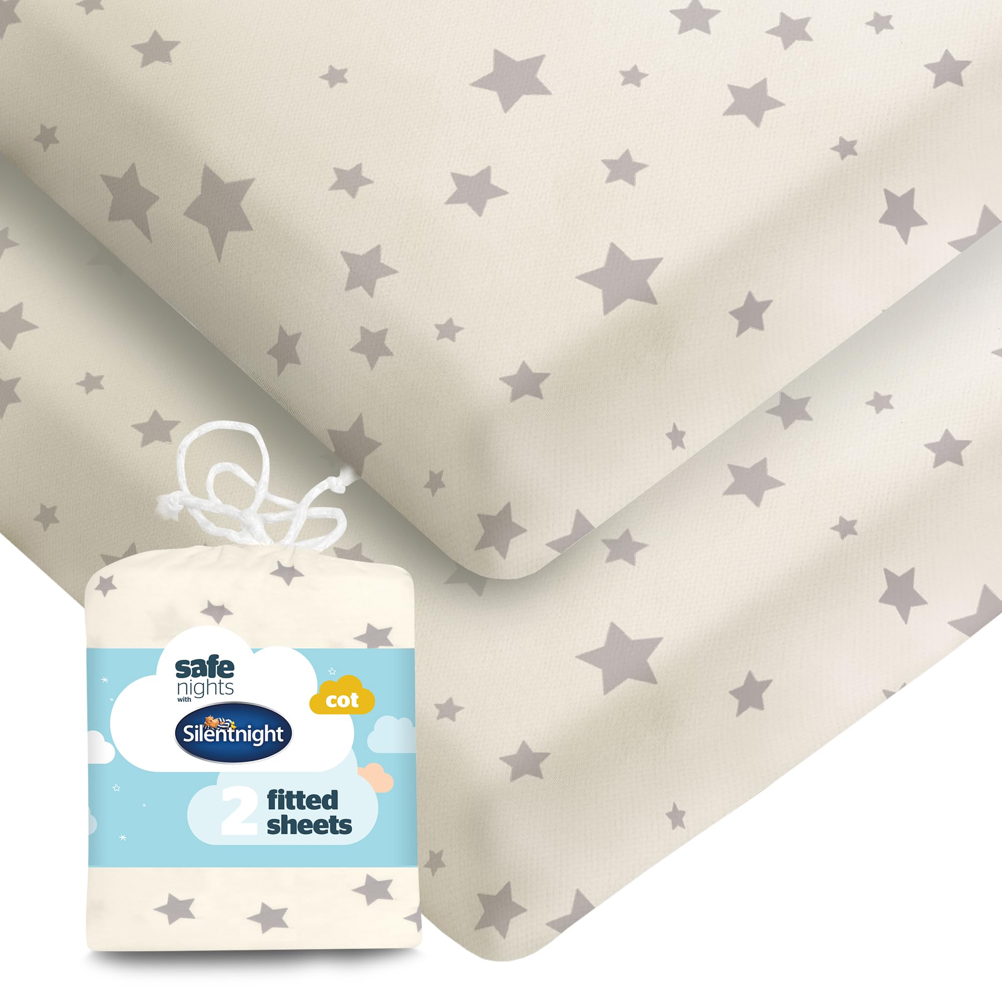 Silentnight Safe Nights Fitted Sheet - Cot Mattress - Breathable 100% Cotton Jersey - Super Soft Kind to Baby Skin - 120x60cm - Secure Fit with Elasticated Corners - 2 Pack, Grey Stars
