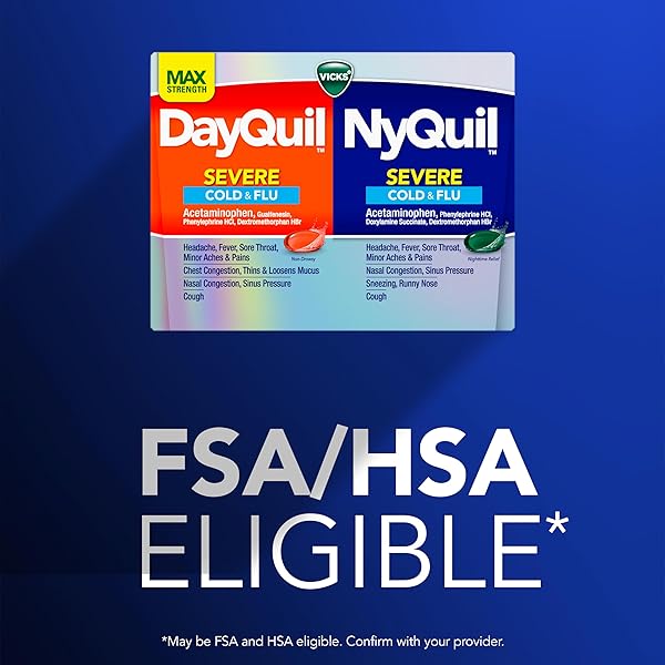 VICKS DAYQUIL & NYQUIL SEVERE CO-PACK, COLD & FLU MEDICINE, POWERFUL RELIEF FOR HEADACHE, FEVER, SORE THROAT, MINOR ACHES & PAINS, CONGESTION, SINUS PRESSURE, STUFFY NOSE, AND COUGH, 48 LIQUICAPS