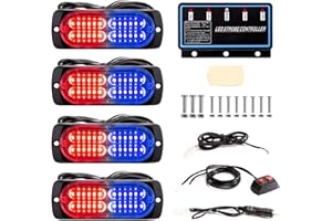 BooYu 4-pcs Sync Feature LED Emergency Strobe Lights Ultra Slim Grille Surface Mount Flashing Warning Hazard Light Bar w/Controller for Police, Firefighter, Trucks, Vehicles, Car (Red/Blue)