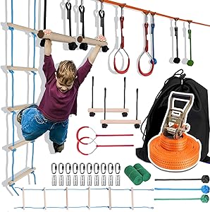 Premkid Ninja Warrior Obstacle Course for Kids 40 Foot Slack Line with 8 Hanging Obstacles Training Line for Backyard Garden Park (Ladder Climbing Set)
