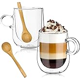 Cozeë Double Walled Glass Coffee Mugs – Set of 2 Glass Coffee Cups with 2 Wooden Spoons – 13oz Espresso Cup Set – Insulated Clear Glass Coffee Mugs for Latte, Espresso, Tea, Americano