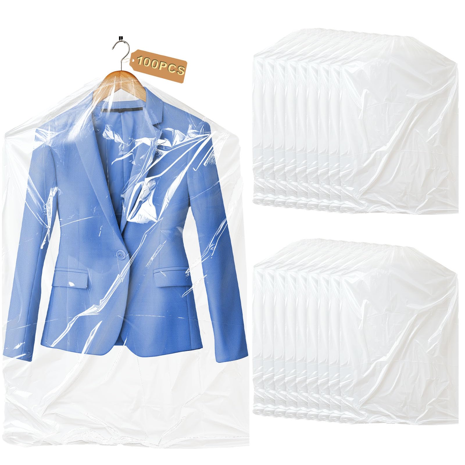 Photo 1 of 100 Pack Clear Garment Bags for Clothes, Gretchin,(Set of 100, 60x90cm), Plastic Garment Bags Dry Cleaner Bags Plastic Clear Dry Cleaning Bags for Hanging Clothes Storage