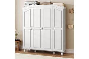 NDOHCUO Arched Armoire Wardrobe Closet with 4 Doors, 71" H Wooden Large Capacity Wardrobe Cabinet with 2 Hanging Rods and 8 Shelves, Freestanding Armoire Storage Cabinet for Bedroom, Cloak Room, White