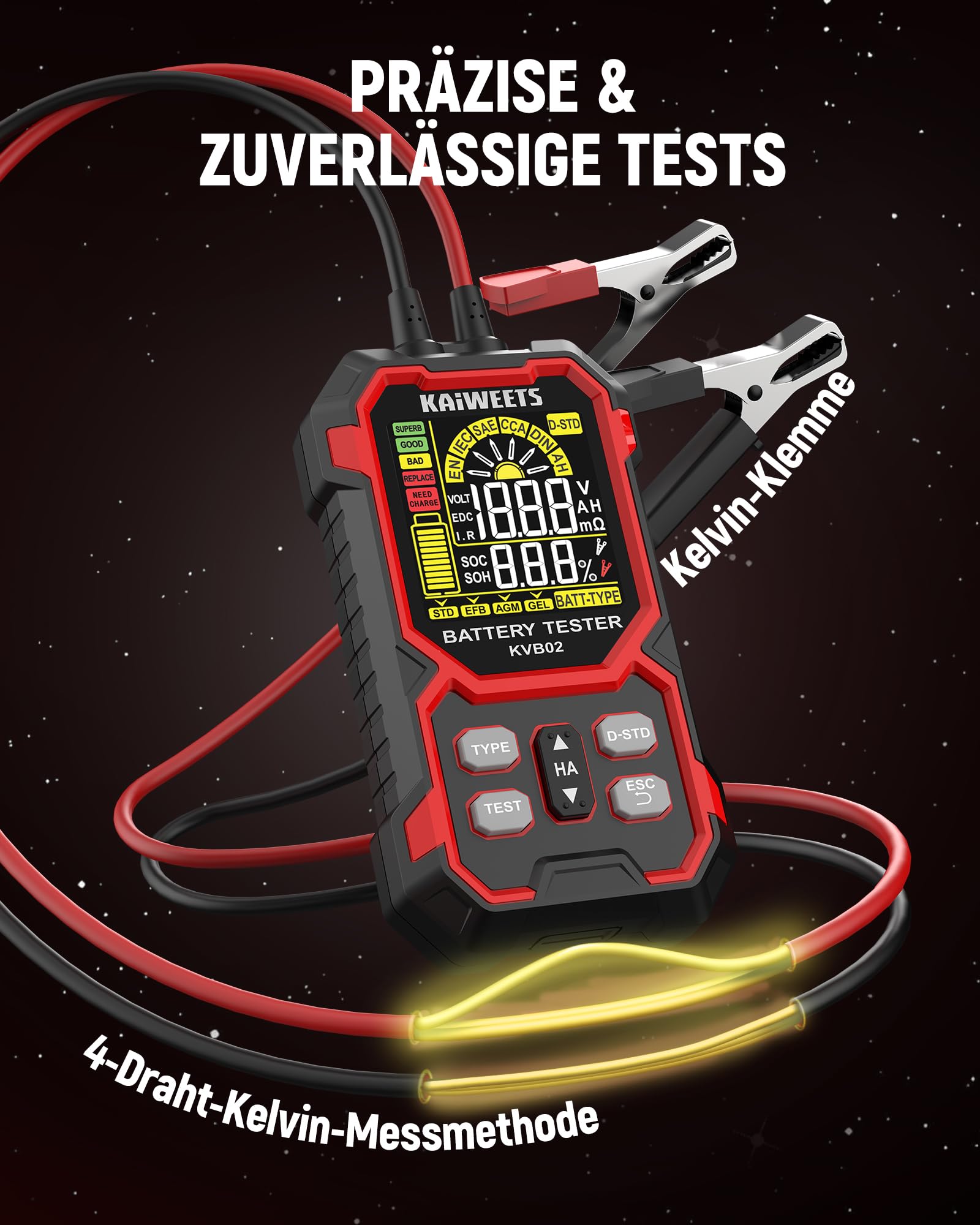 KAIWEETS Batterietester KFZ 12V/24V Digital Autobatterie Tester 50–2000 CCA mit SOH/SOC Analyse LCD Batterie Prüfgerät mit Cranking-Test für Auto SUV Motorrad 5