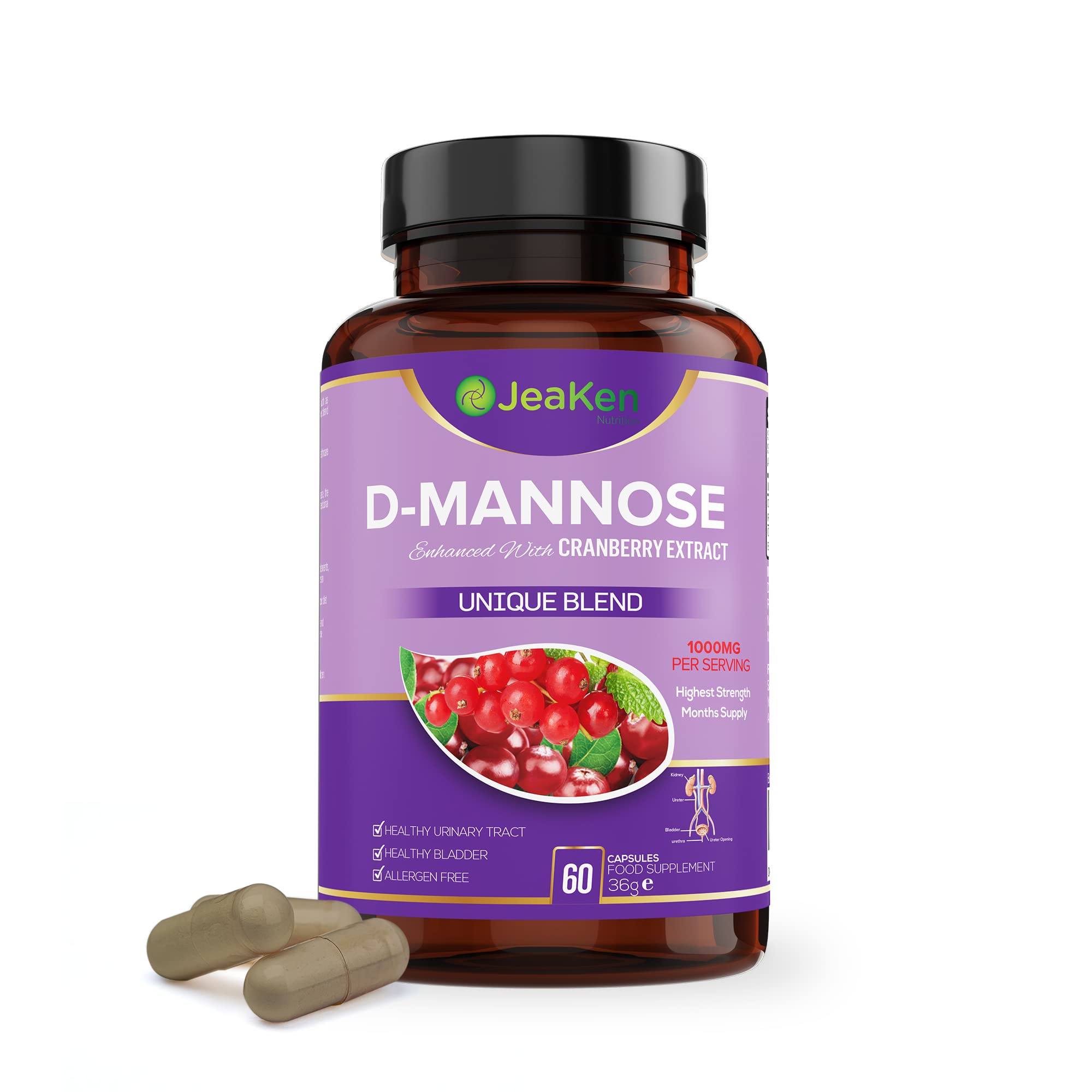 JeaKen D-Mannose with Cranberry - High-Potency Urinary Tract Health Supplement, Rich in Vitamins C, E, B, K - 60 Vegan Capsules for Men and Women