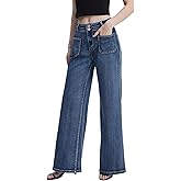 ZMTUO Women's High Waist Wide Leg Jeans Stretchy Loose Denim Pants with Two Button Detail