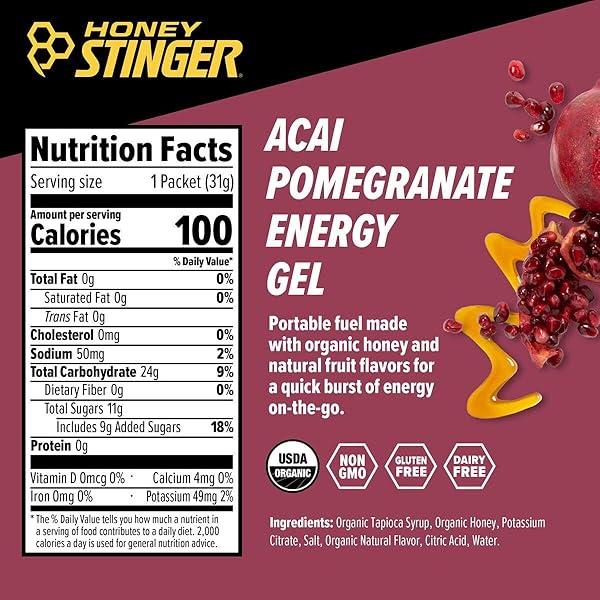HONEY STINGER ORGANIC ACAI POMEGRANATE ENERGY GEL, GLUTEN FREE & CAFFEINE FREE, FOR EXERCISE, RUNNING AND PERFORMANCE, SPORTS NUTRITION FOR HOME & GYM, PRE AND MID WORKOUT, 24 PACK, 26.4 OUNCE