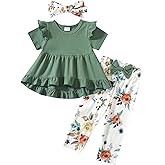 Kucnuzki Toddler Baby Girl Clothes Short Sleeve Ruffle Shirt Floral Pant Set 2 Piece Outfits For Girls Cute Clothing Set