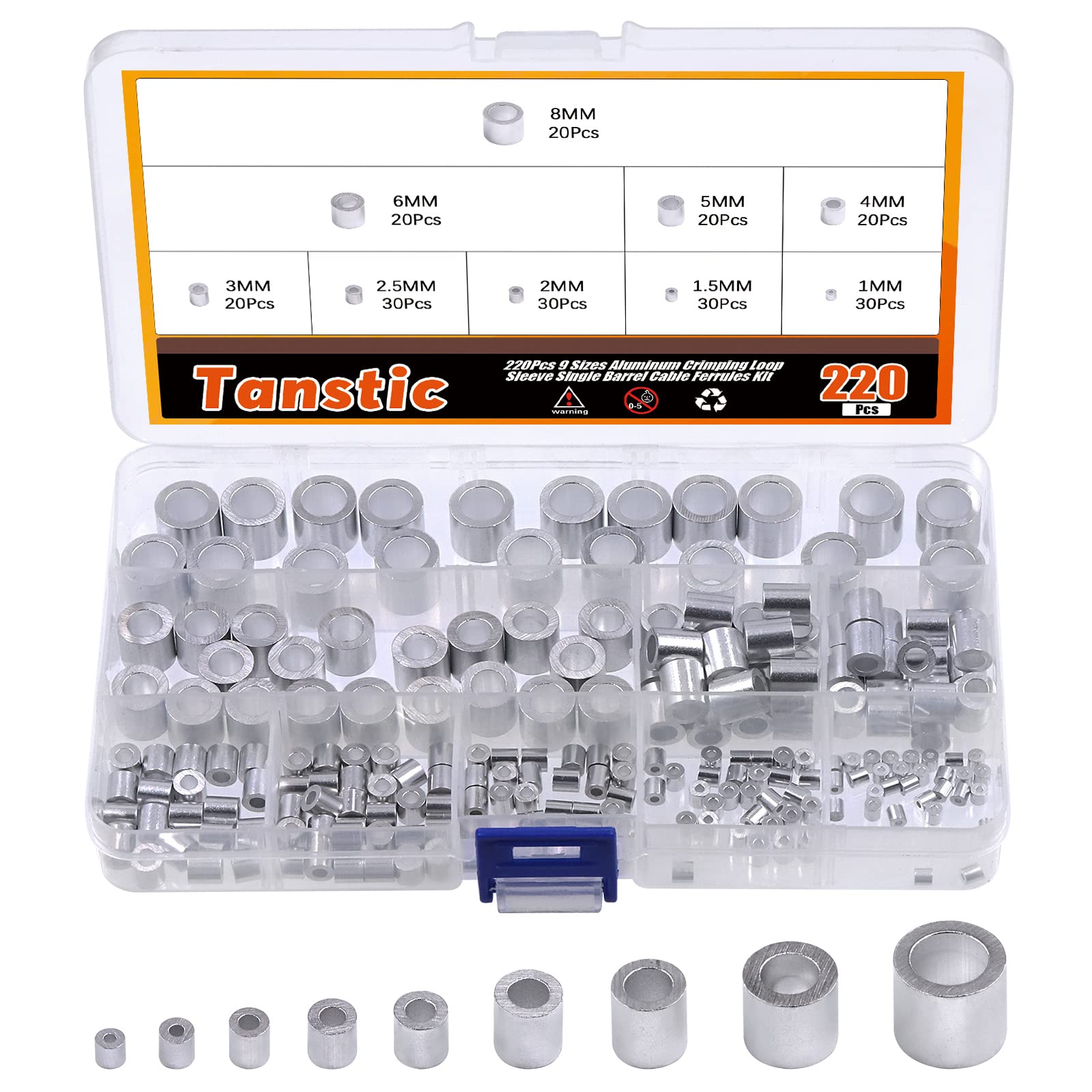 Tanstic T-121 220Pcs 9 Sizes Aluminum Crimping Loop Sleeve, Single Barrel Cable Ferrule Wire Rope Sleeves Loops Sleeve Assortment Kit
